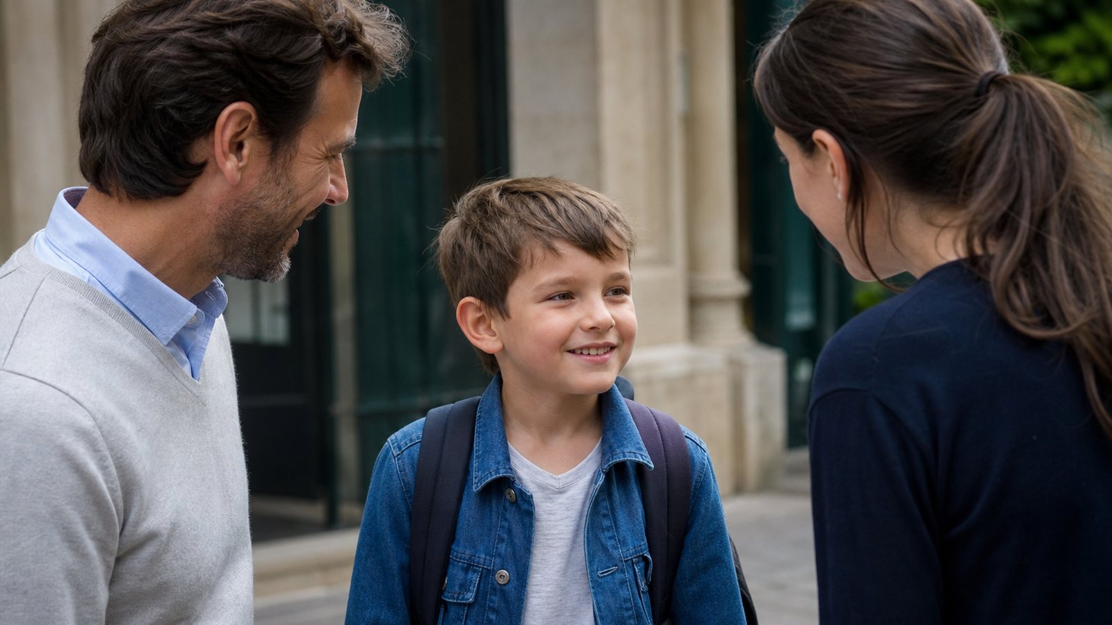 Enfant souriant entouré de ses deux parents dans un parc ensoleillé