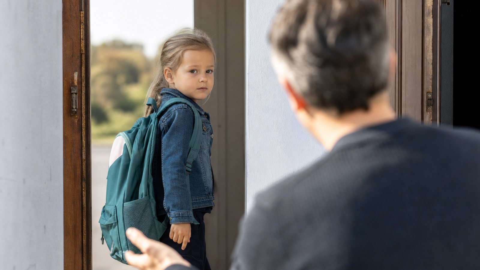Enfant avec son sac sur le seuil, accompagné par son parent avant le passage